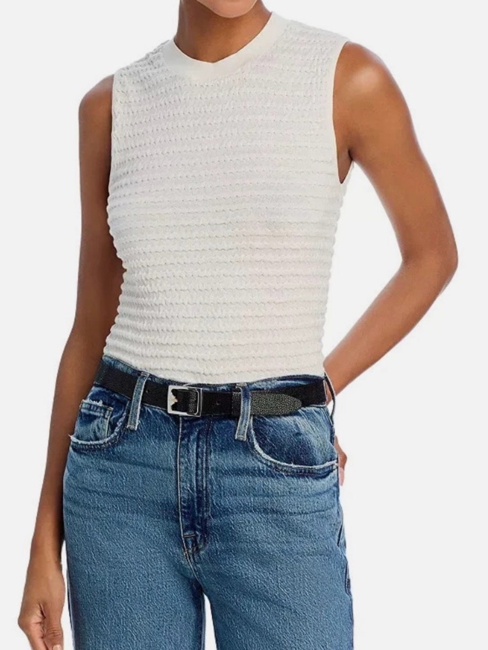 Frame Denim White Textured Sleeveless Knit Shell